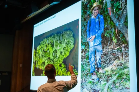James presenting at the 2026 Packard Foundation meeting with Lizard Island and a happy Jon Suh on the screen
